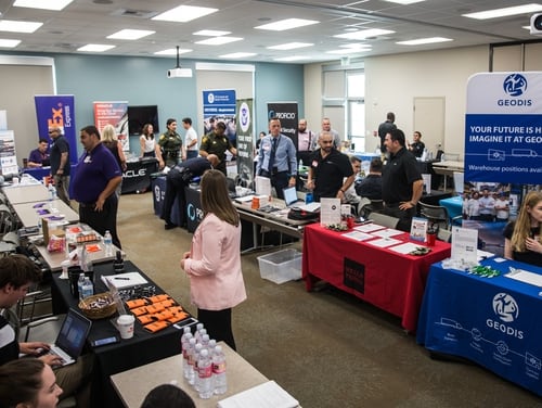 Civilian employers speak to servicemembers during a hiring event at Camp Pendleton in California on July 12, 2019. (Lance Cpl. Alison Dostie/Marine Corps)