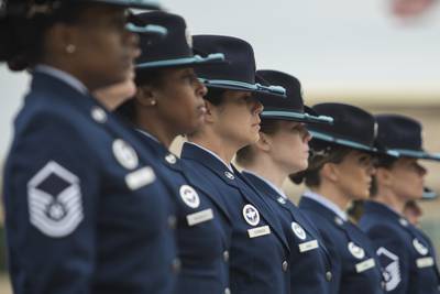 Military training Instructors march in an all female mass during a basic military training graduation March 9, 2018 at Joint Base San Antonio-Lackland, TX.