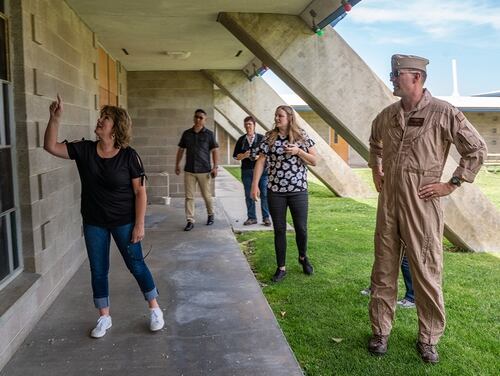 Sen. Shannon Grove and Capt. Paul Dale, commander of Naval Air Weapons Station China Lake, observe damaged facilities on July 9 after earthquakes rocked the desert base on July 4 and 5. (Mass Communication Specialist 1st Class Arthurgwain L. Marquez/Navy)