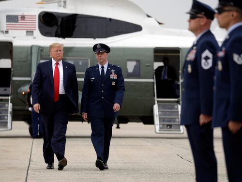 President Donald Trump is considering pardoning some troops convicted or accused of war crimes. Trump boards Air Force One for a trip to Florida on May 8, 2019, at Andrews Air Force Base in Maryland. (Evan Vucci/AP)