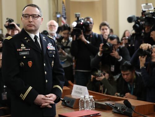 Lt. Col. Alexander Vindman, National Security Council director for European Affairs, arrives Nov. 19, 2019, to testify at the House Intelligence Committee on Capitol Hill in Washington. (Drew Angerer/Getty Images)