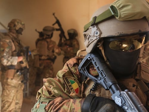 Malian special forces soldiers tactically clear rooms near base camp Loumbila in Burkina Faso on Feb. 25, 2019, as part of the Flintlock 2019 exercise. (Spc. Peter Seidler/Army)