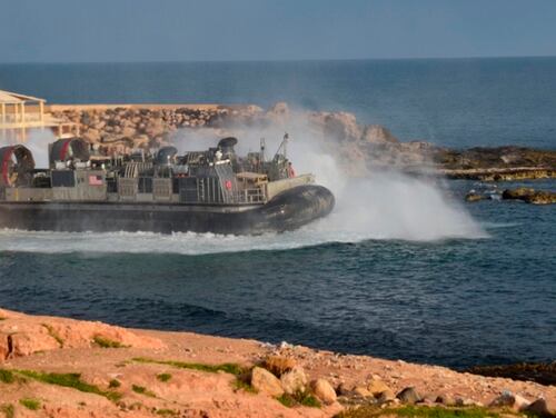 A U.S. amphibious hovercraft departs with evacuees from Janzur, west of Tripoli, Libya, Sunday, April 7, 2019. (Mohammed Omar Aburas/AP)