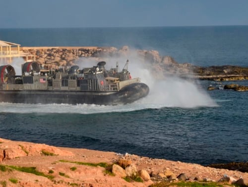 A U.S. amphibious hovercraft departs with evacuees from Janzur, west of Tripoli, Libya, Sunday, April 7, 2019. (Mohammed Omar Aburas/AP)