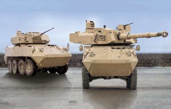 The ST Kinetics Next Generation Armored Fighting Vehicle is fitted with the CMI Group’s modular Cockerill 3105 turret, right. (CMI Defence)