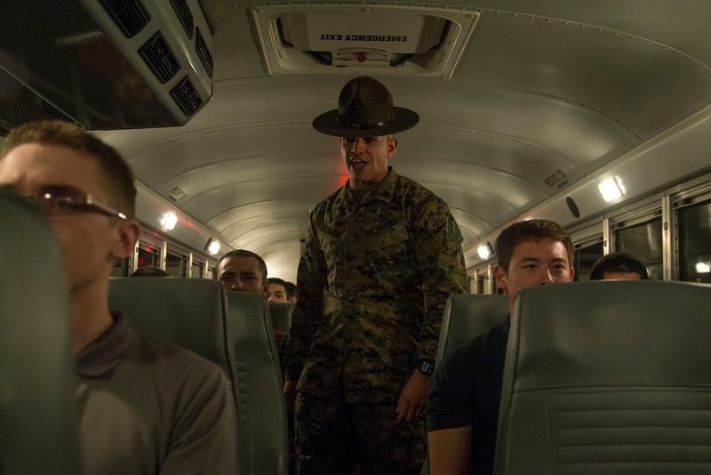 Staff Sgt. Fernando NunezMartinez, a drill instructor with Receiving Company, Support Battalion, welcomes new recruits with Bravo Company, 1st Recruit Training Battalion, during receiving at Marine Corps Recruit Depot, San Diego, March 30, 2020. (Cpl. Brooke C. Woods/ Marine Corps)