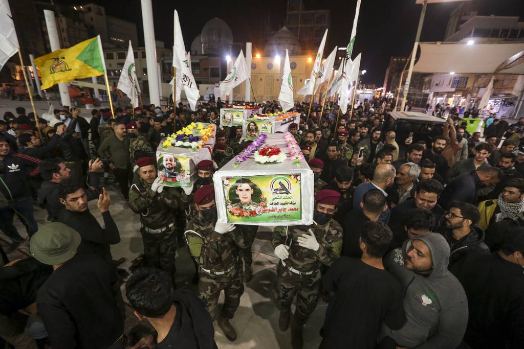 Iraqis attend the funeral of the Kataib Hezbollah members in Najaf, Iraq, Wednesday, Nov 22, 2023.