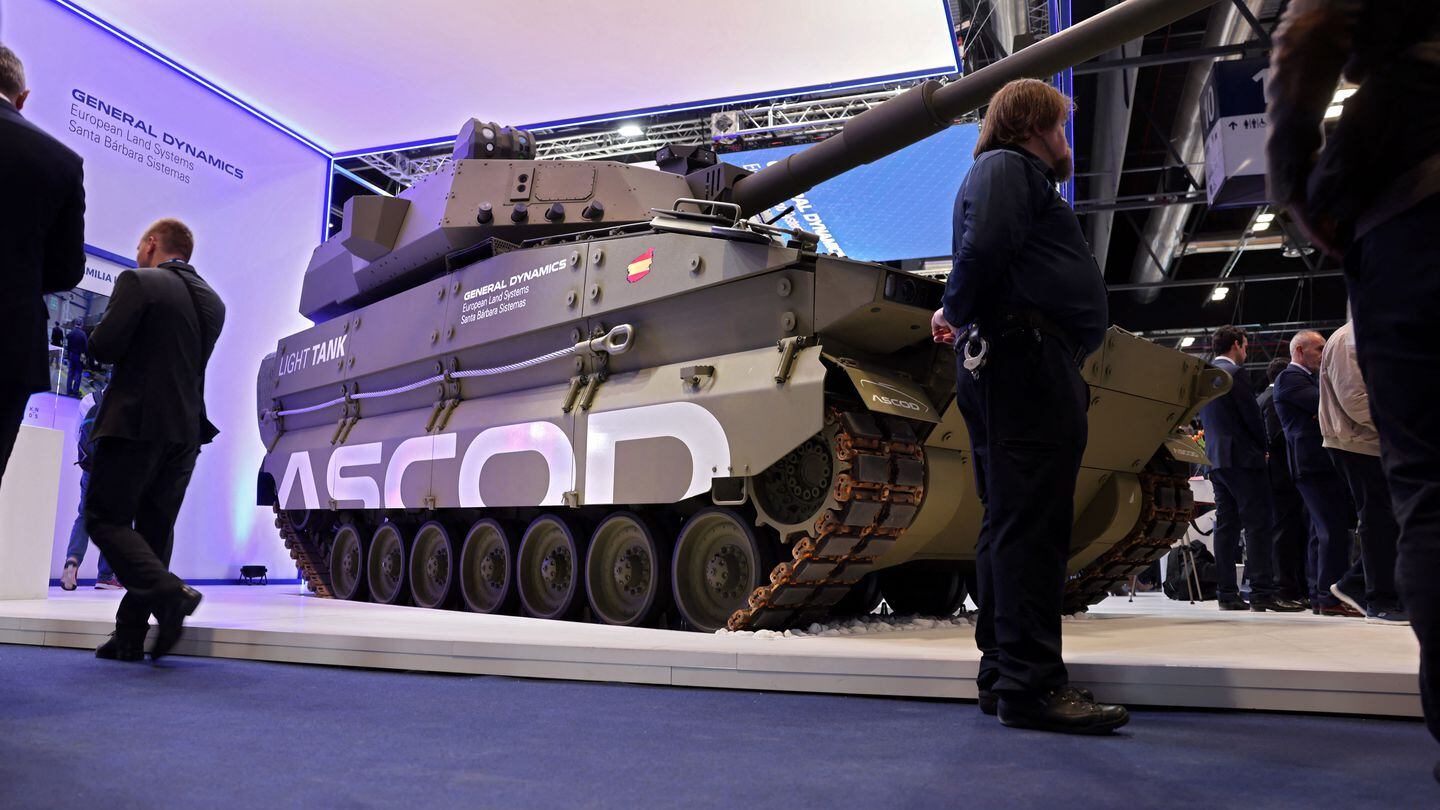 A light armored tank offered by an Austrian and Spanish joint venture is displayed at FEIDEF on May 17, 2023. (Thomas Coex/AFP via Getty Images)