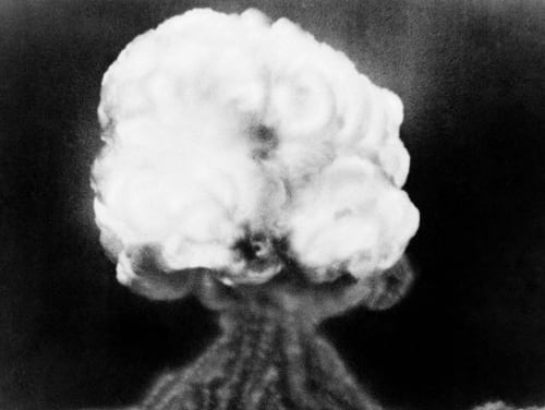 This July 16, 1945, photo, shows the mushroom cloud of the first atomic explosion at the Trinity Test Site in New Mexico. (AP)