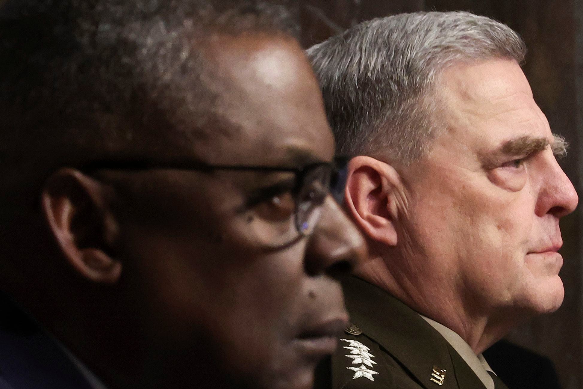 U.S. Defense Secretary Lloyd Austin, left, and Chairman of the Joint Chiefs of Staff Gen. Mark Milley testify before the Senate Armed Services Committee on April 7, 2022. (Win McNamee/Getty Images)