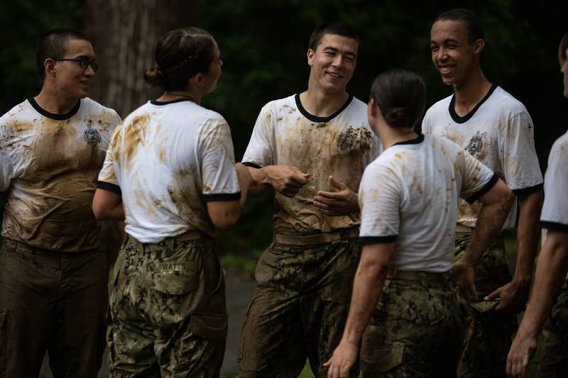 Midshipmen 4th Class, or plebes, from the Naval Academy Class of 2024 complete the endurance course on July 31, 2020, at Annapolis, Md., during Plebe Summer, a demanding indoctrination period intended to transition the candidates from civilian to military life.