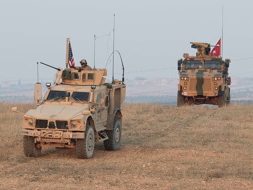 The U.S. and Turkey conduct a convoy during a joint combined patrol in Manbij, Syria, Nov. 8, 2018. (Spc. Zoe Garbarino/Army)