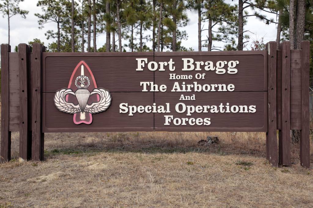 A sign is seen at Fort Bragg on Feb. 3, 2022, in Fort Bragg, N.C.