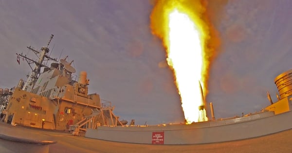 The destroyer The Sullivans launches a Standard Missile 2 in the Virginia Capes operating area as part of an exercise. (Navy)