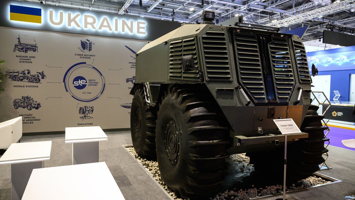A TAHA 1200 amphibious, all-terrain combat vehicle is seen on the first day of DSEI 2023 in London, England. (Leon Neal/Getty Images)
