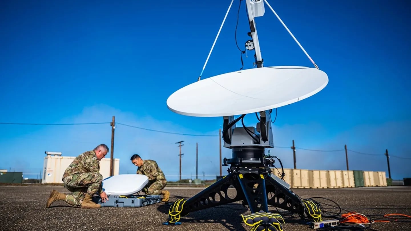 Two members of the 216th Space Control Squadron set up antennas during the Black Skies electronic warfare exercise at Vandenberg Space Force Base, Calif., Sept. 20, 2022. (Tech. Sgt. Luke Kitterman/Space Force)