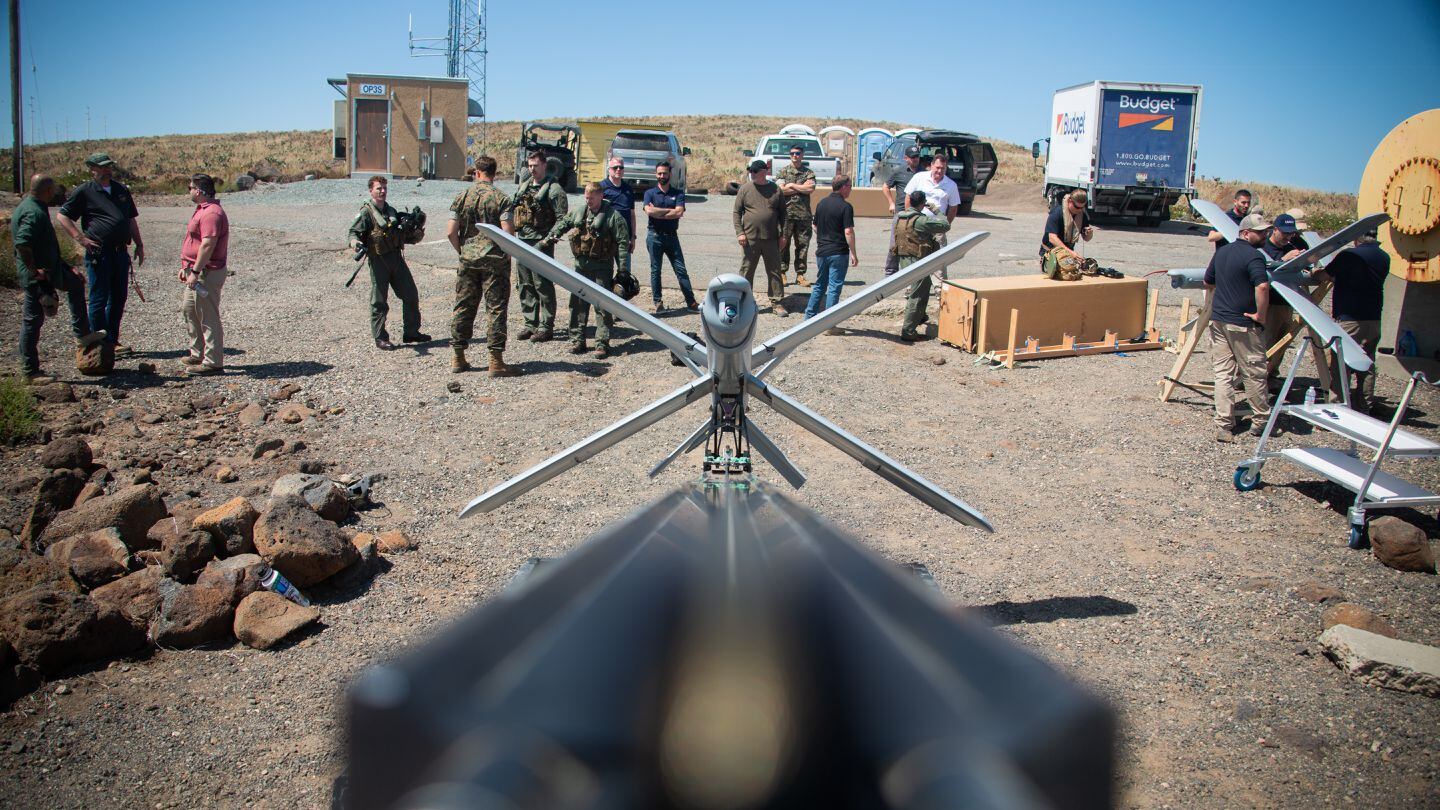 A Hero-400 loitering munition is staged before flight on San Clemente Island, Calif., on May 25, 2022. The drone is a type of weapon the service and other Defense Department entities are beginning to incorporate into specific mission sets. (Lance Cpl. Daniel Childs/U.S. Marine Corps)