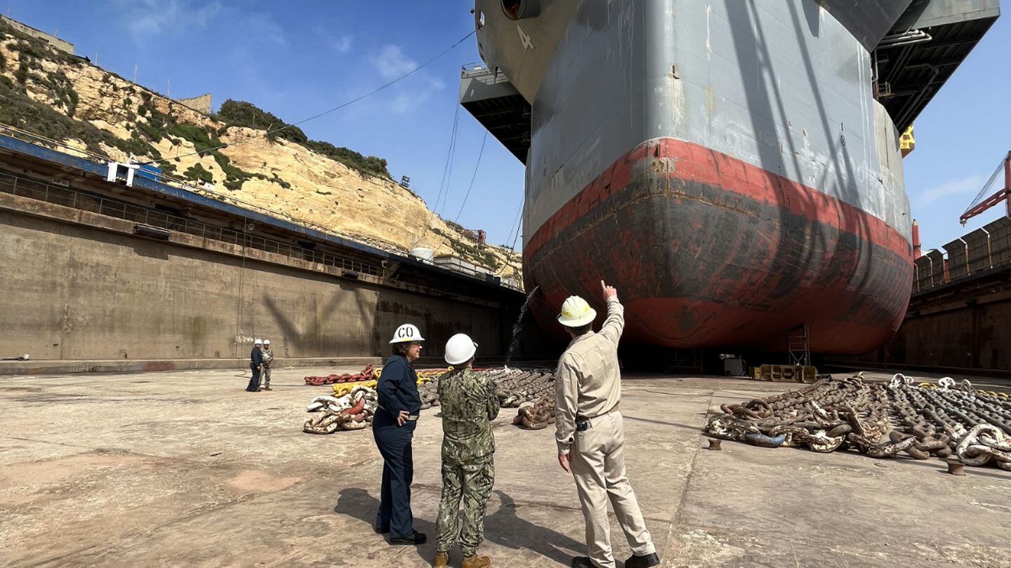 The U.S. Navy expeditionary sea base Hershel “Woody” Williams sits in dry dock at the Palumbo Malta Shipyard on May 24, 2023. (Christina Johnson/U.S. Navy)