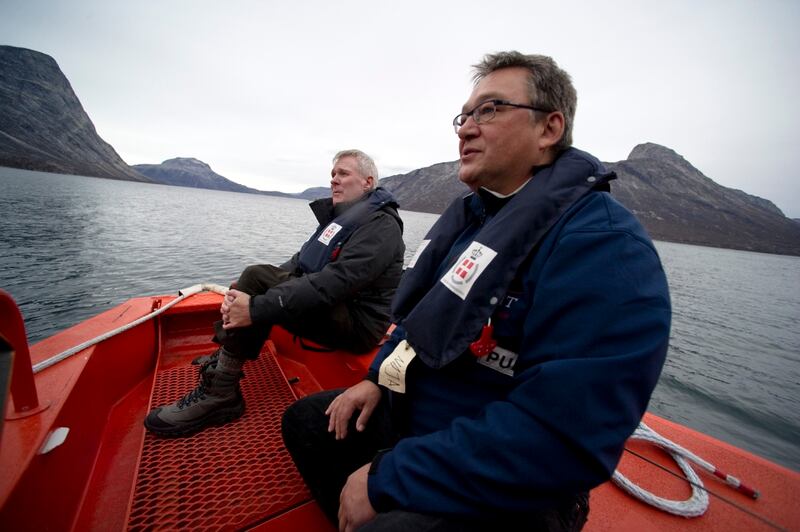 In late 2010, then-Secretary of the Navy Ray Mabus, right, and then-Prime Minister of Greenland Jakob Edvard Kuupik Kleist spoke on board a search and rescue patrol boat off the coast of Nuuk, Greenland. Mabus had been meeting with global leaders and scientists to discuss the environmental impacts of climate change. (Navy)