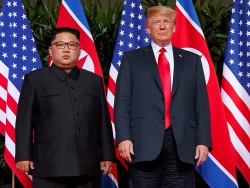 In this June. 12, 2018, file photo, U.S. President Donald Trump, right, meets with North Korean leader Kim Jong Un on Sentosa Island, in Singapore. (Evan Vucci/AP)