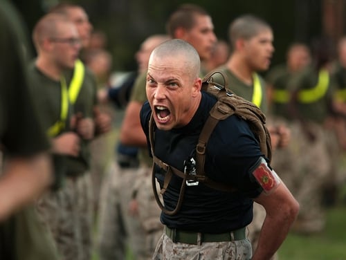 Sgt. William Loughran encourages recruits from 3rd Recruit Training Battalion during physical training at Marine Corps Recruit Depot Parris Island, South Carolina. (Cpl. Caitlin Brink/Marine Corps)