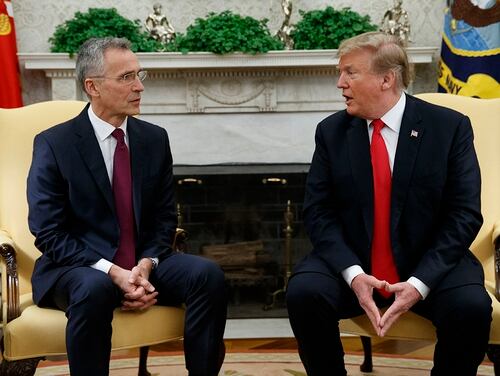 President Donald Trump speaks during a meeting with NATO Secretary-General Jens Stoltenberg in the Oval Office of the White House, Tuesday, April 2, 2019, in Washington. (Evan Vucci/AP)