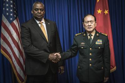 Secretary of Defense Lloyd J. Austin III meets with General Wei Fenghe, Minister of National Defense of the People's Republic of China (PRC), on the margins of the Association of Southeast Asia Nations Defense Ministers Meeting-Plus in Siem Reap, Cambodia, Nov. 22, 2022.
