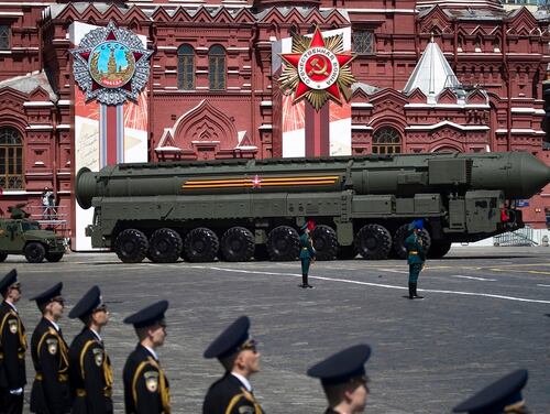 Russian Army RS-24 Yars ballistic missile makes its way through the Red Square during the Victory Day military parade marking the 75th anniversary of the Nazi defeat in WWII, in Moscow on June 24, 2020. (Pavel Golovkin/Pool via AP)