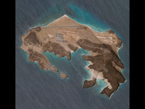 A mysterious air base is seen being built on Yemen's volcanic Mayun Island in this April 11, 2021, satellite photograph from Planet Labs Inc. (Planet Labs Inc. via AP)