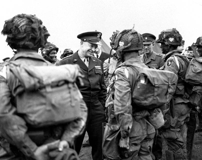 Gen. Dwight Eisenhower gives the order of the day, "Full Victory - Nothing Else" to paratroopers in England
