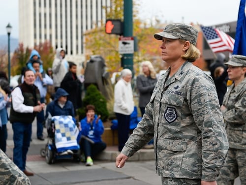 Airmen from the 50th Space Wing walk during the Colorado Springs Veteran’s Day Parade on Nov. 5, 2016. (Christopher DeWitt/Air Force)