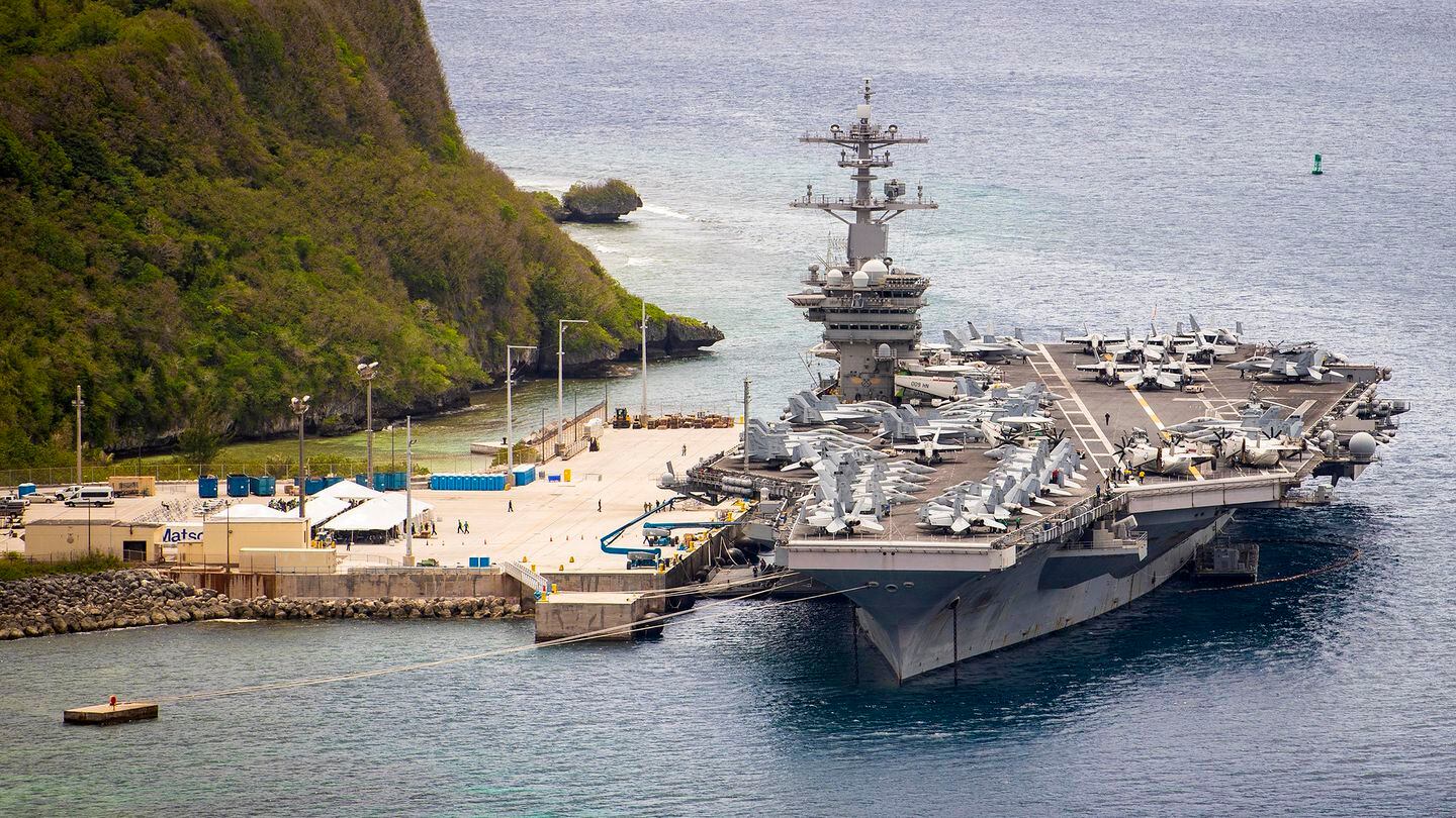 The aircraft carrier Theodore Roosevelt pier side at Naval Base Guam on May 15, 2020. (Navy)