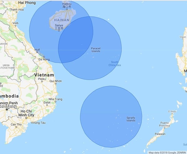 The range of the HQ-9 surface-to-air missile. (Google)