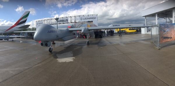An Israeli Heron-TP unmanned aircraft sits on the tarmac during the April 2018 Berlin Air Show. (Sebastian Sprenger/Staff)