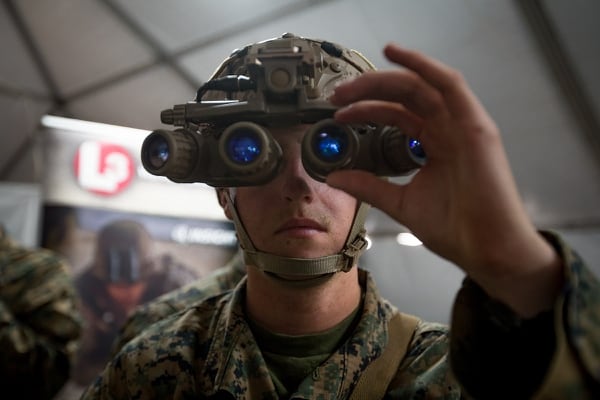 Lance Cpl. Skyler Stevens, an infantryman with 3rd Battalion, 4th Marine Regiment, 1st Marine Division, uses new night optics technology during Urban Advanced Naval Technology Exercise 2018 (ANTX-18) at Marine Corps Base Camp Pendleton, California, March 19. (Lance Cpl. Rhita Daniel/ Marine Corps)