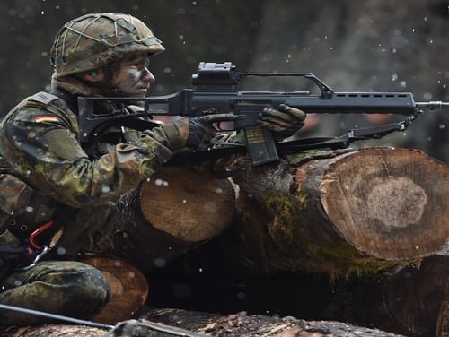 A soldier with mountain infantry brigade 23 of the German Bundeswehr takes part in an exercise near the Bavarian village Bad Reichenhall in March 2016. (Christoff Stache/Getty Images)
