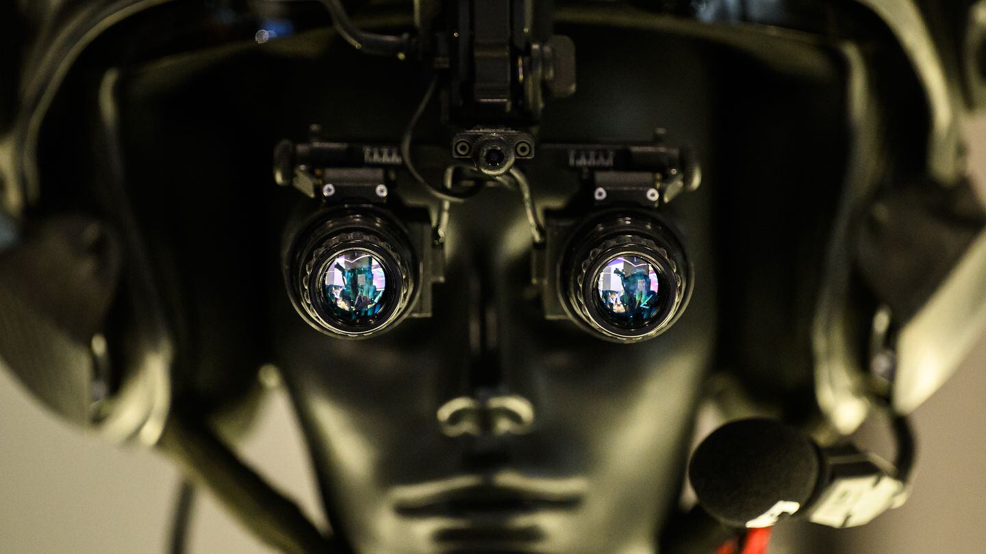 A mannequin wearing PNL-3M aviator's night vision goggles by Poland's PGZ is seen on the first day of the DSEI fair in London. (Leon Neal/Getty Images)