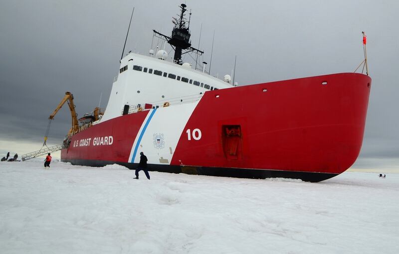 The Coast Guard Cutter Polar Star, a high endurance icebreaker homeported in Seattle, sits on the ice in the Ross Sea near Antarctica while underway in support of Operation Deep Freeze in early 2015. (Coast Guard)