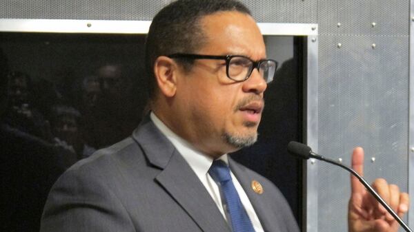 Rep. Keith Ellison, D-Minn., speaks Nov. 9, 2017, in Burlington, Vt., at a Democratic Party fundraiser. Ellison last week requested more information from defense officials on what they are doing to prevent extremist activity in the ranks. (Wilson Ring/AP)
