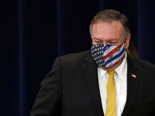 Secretary of State Mike Pompeo walks off of the stage following a news conference at the State Department in Washington, Wednesday, Aug. 19, 2020, with Iraqi Foreign Minister Fuad Hussein. (Susan Walsh/AP)