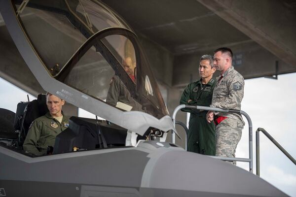 Maj. Gen. Koji Imaki, Japan's Air Defense Command's defense and operations division chief, tours a U.S. Air Force F-35 on Jan. 12, 2018, at Kadena Air Base, Japan. (Senior Airman Omari Bernard/U.S. Air Force)