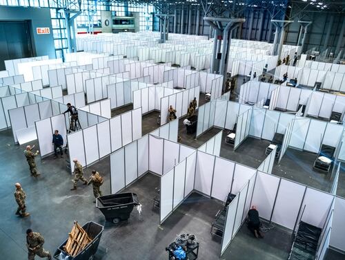 New York, NY, March 26, 2020--FEMA is working with the Department of Health and Human Services and the state of New York to complete the construction of a 1,000-bed medical station at the Jacob K. Javits Convention Center in New York City to care for patients with special health needs. These medical stations increase local healthcare capabilities and can be tailored to meet local requirements. Photo by K.C. Wilsey/FEMA