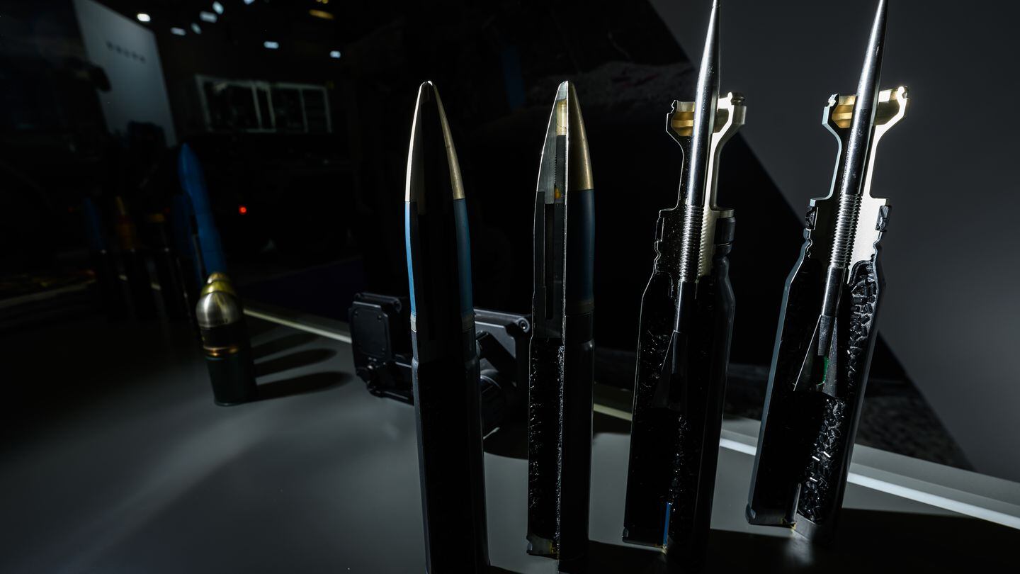 Various rounds of ammunition by Nammo are on display Sept. 13, 2023, at the DSEI show in London, England. (Leon Neal/Getty Images)
