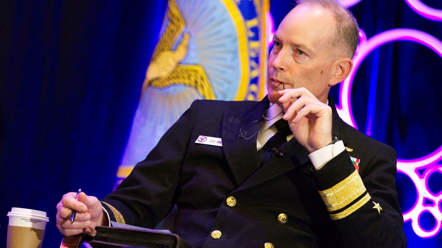 U.S. Navy Rear Adm. Doug Small, the leader of both Project Overmatch and Naval Information Warfare Systems Command, seen here April 4, 2023. (Colin Demarest/C4ISRNET)