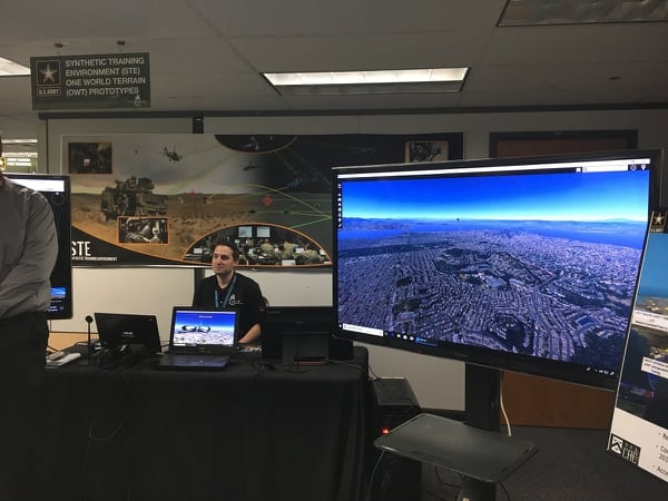 The One World Terrain is under development, but coming together rapidly, as part of the Army's Synthetic Training Environment. The TV monitor shows a vignette of the system at the STE lab on Fort Leavenworth, Kansas. (Photo by Jen Judson/Defense News Staff)