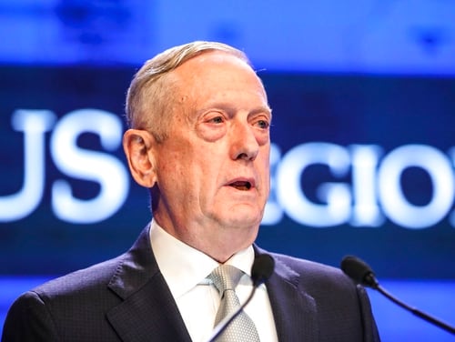 U.S. Defense Secretary Jim Mattis delivers a speech at the 17th International Institute for Strategic Studies (IISS) Shangri-la Dialogue, an annual defense and security forum in Asia, in Singapore, Saturday, June 2, 2018, in Singapore. (Yong Teck Lim/AP)