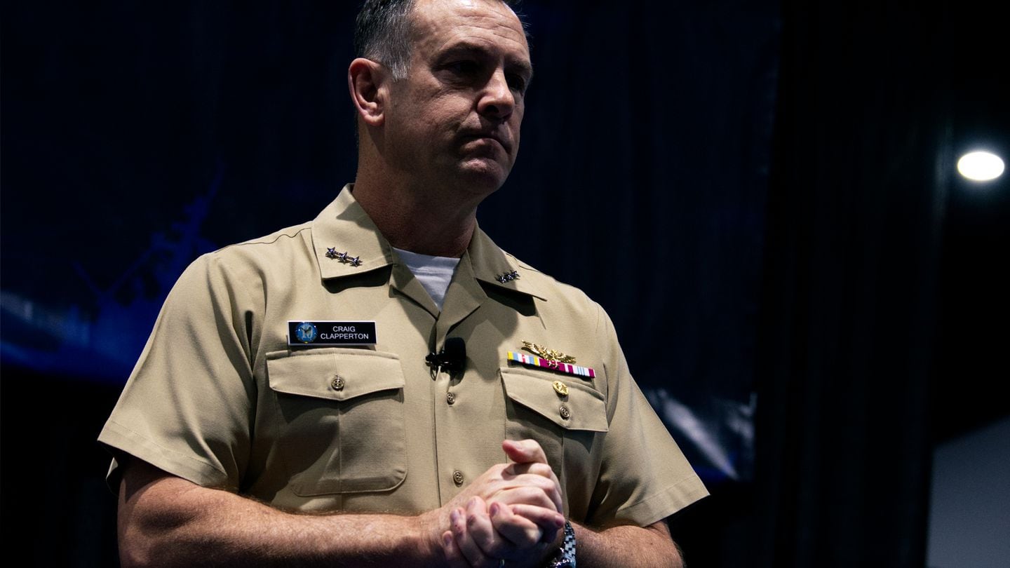 U.S. Navy Vice Adm. Craig Clapperton listens to an audience question at the West conference in San Diego on Feb. 13, 2024. (Colin Demarest/C4ISRNET)