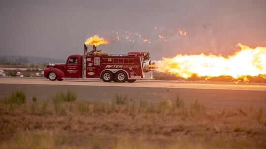Aftershock, a jet powered firetruck, races down the flight line at the 2019 Marine Corps Air Station Miramar Air Show on MCAS Miramar, Calif., Sept. 27. (Lance Cpl. Robert Alejandre/Marine Corps)
