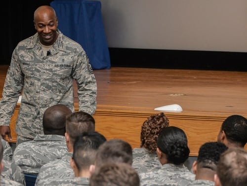 Chief Master Sergeant of the Air Force Kaleth Wright speaks to airmen at Fort Meade, Md. Wright is looking for ways to ease stress on airmen across the force. (Staff Sgt. Alexandre Montes/Air Force)