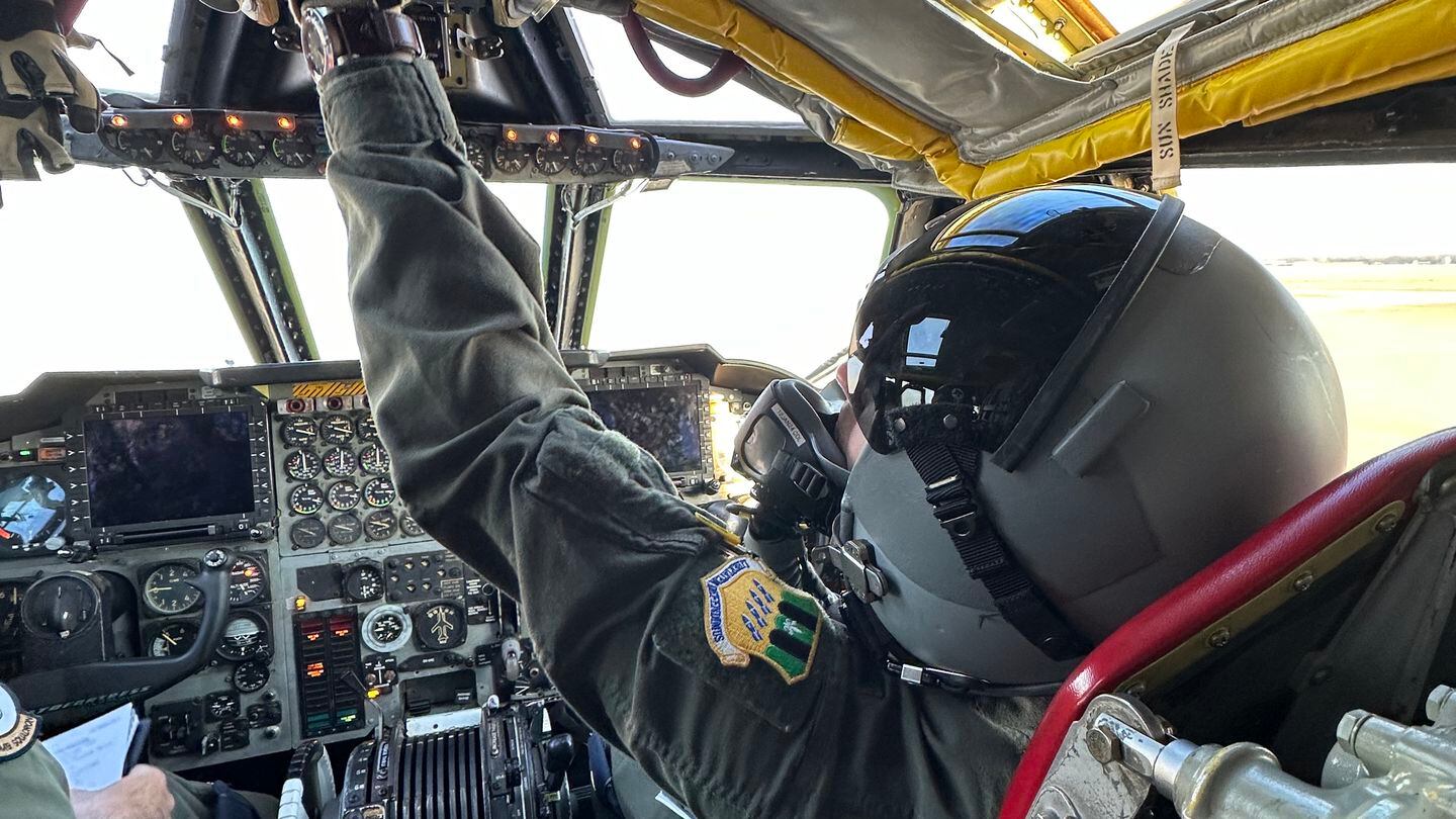 First Lt. Clay Hultgren of the 11th Bomb Squadron makes preflight adjustments to a B-52H bomber before a training flight on Jan. 4, 2024. (Stephen Losey/Staff)